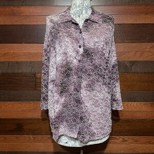 Vintage MKM Designs Collared Long Sleeve Sheer Purple Floral Button Down Blouse